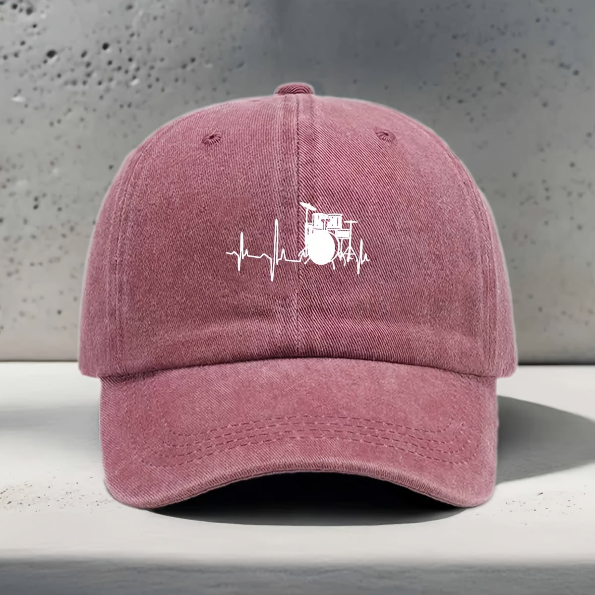 Men's & Women's Baseball Cap with Music-Themed Drum Print & Heartbeat Line - Adjustable Snapback Curved Brim Hat Suitable for Music Festivals, Outdoor Sports, Daily Wear - Washed Unisex Drummer Cap for Concerts and Casual Outfits