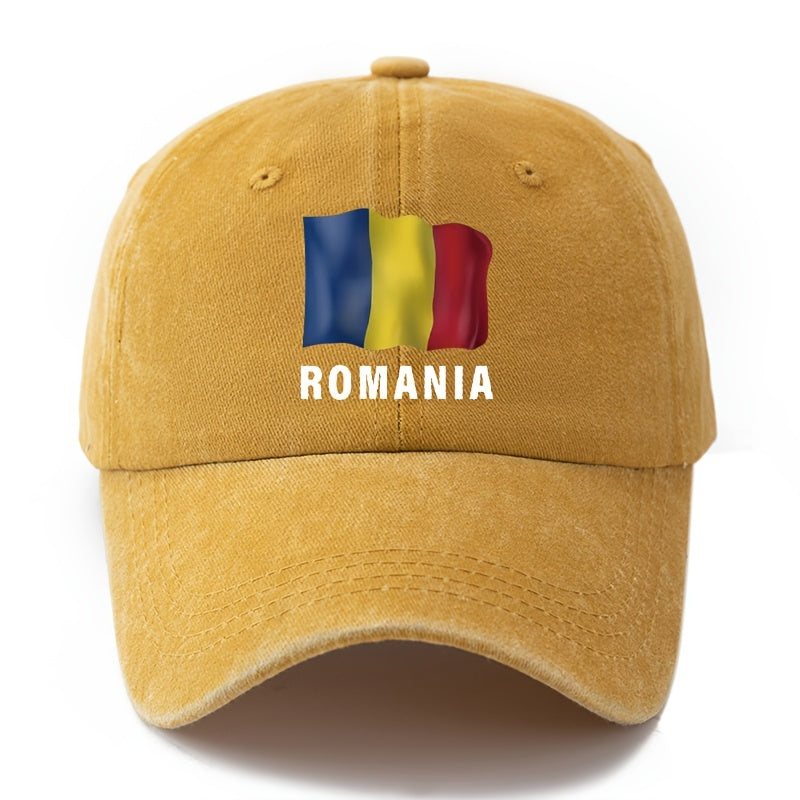 Unisex Fashion All-Match Printed ROMANIA Baseball Cap, Classic Vintage Washed Outdoor Lightweight Curved Brim Hat, Trucker Cap, Suitable for Outdoor Vacation Travel Camping And Casual Occasions, Holiday Party Hip-Hop Hat