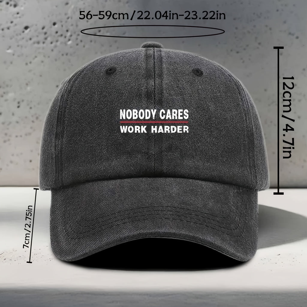 Women's Baseball Cap with "NOBODY CARES WORK HARDER" English Print, Inspirational Motivational Slogan, , Trendy, Fashionable, Versatile, Casual, and Simple. Unisex Duckbill Cap for Daily Outings, Work Commutes, Outdoor Sports, Fitness, Yoga
