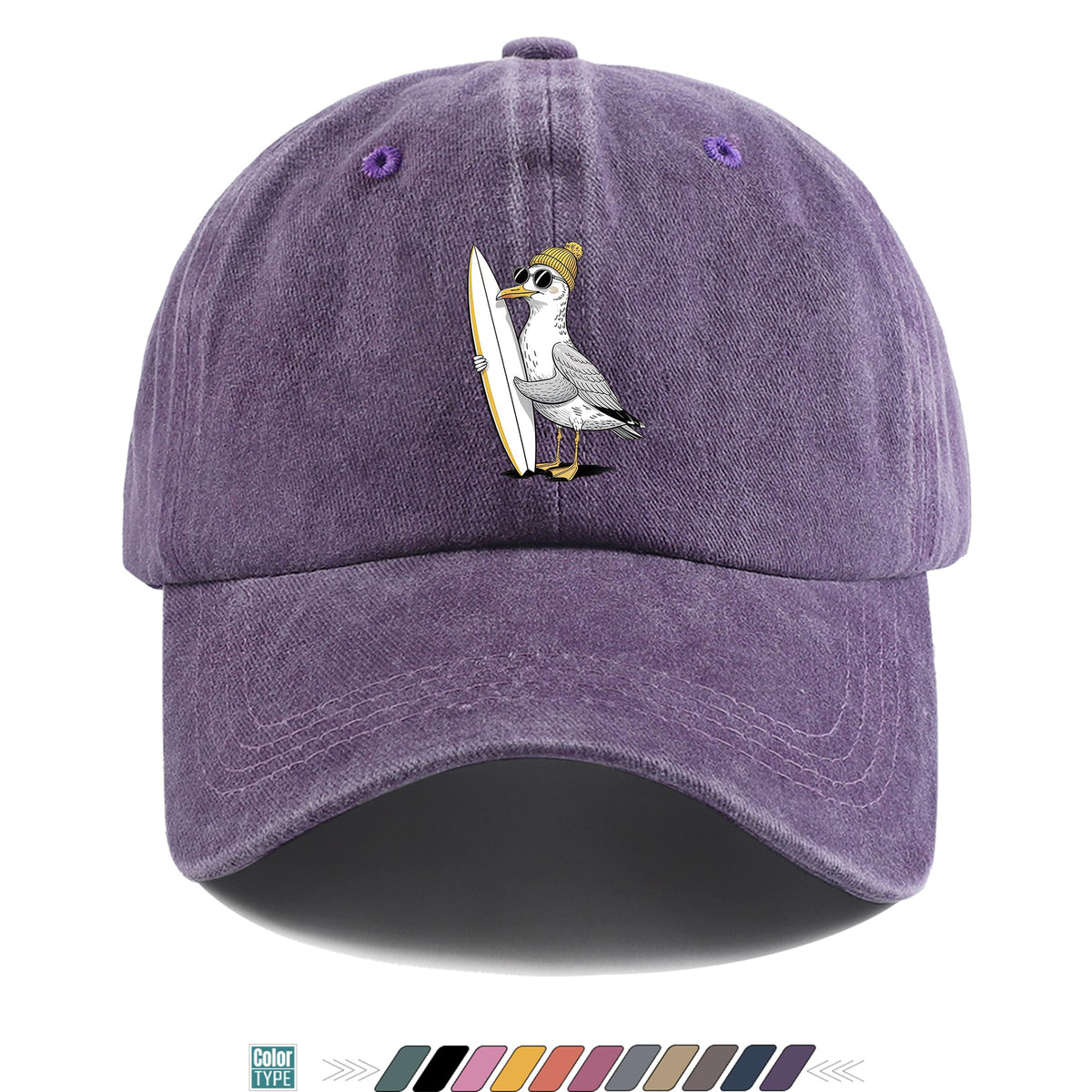 1pc Cute Cartoon Pigeon And Surfboard Pattern Design Printed Baseball Cap, Summer Casual Clothing Accessory, Black Papa Trucker Hat, Breathable Comfortable Solid Easy Vintage Soft Top Dad Hat, Unisex Adjustable Size Youth Couple Skateboard Hat