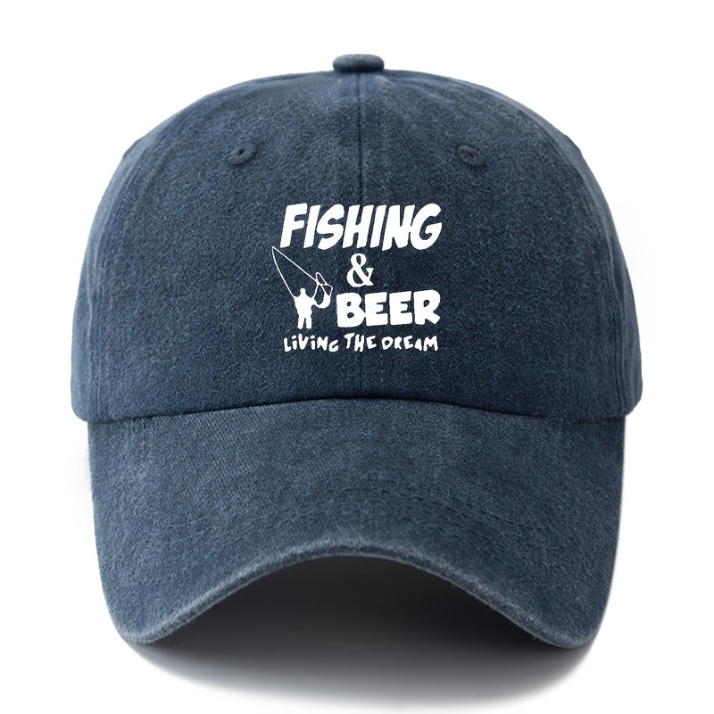A Unisex Fashionable and Versatile Printed "FISHING&BEER" Baseball Cap, Featuring a Classic Vintage Washed Outdoor Lightweight Curved Brim Design. Suitable for Outdoor Vacations, Travel, Camping, and Other Casual Occasions. Ideal for Holiday Parties