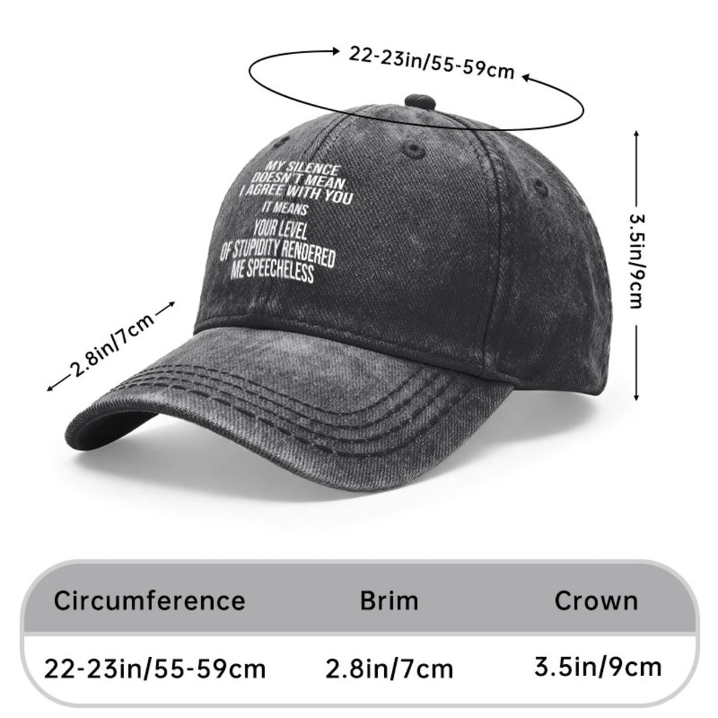 1pc Fun Quote Baseball Cap, Unisex- Adjustable Vintage Washed Neutral Hat with the Words "My Silence Does Not Mean I Agree" Printed on It, Machine Washable, Suitable for All Seasons, a Humorous Design, Perfect for Various Activities