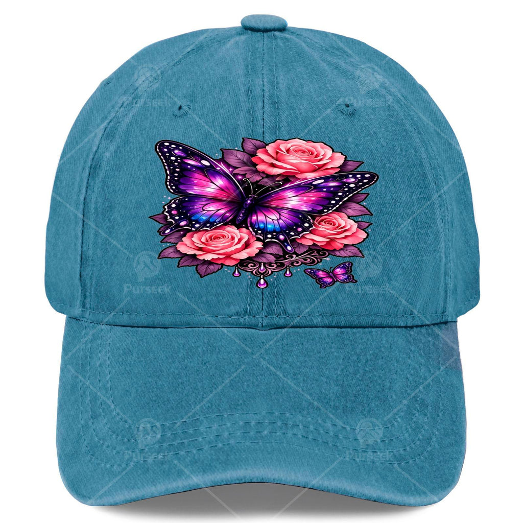 Men' & Women' Classic Baseball Cap with Butterfly & Purple Rose Print - Adjustable Pull-String Closure, Machine Washable Sporty Hat Suitable for Butterfly Enthusiasts, Casual Wear, Outdoor Activities, Gift