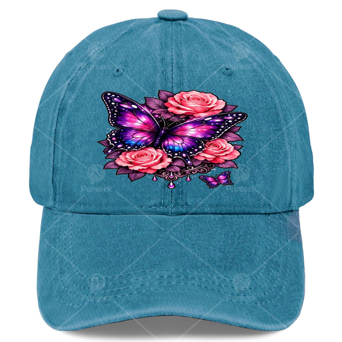 Men' & Women' Classic Baseball Cap with Butterfly & Purple Rose Print - Adjustable Pull-String Closure, Machine Washable Sporty Hat Suitable for Butterfly Enthusiasts, Casual Wear, Outdoor Activities, Gift