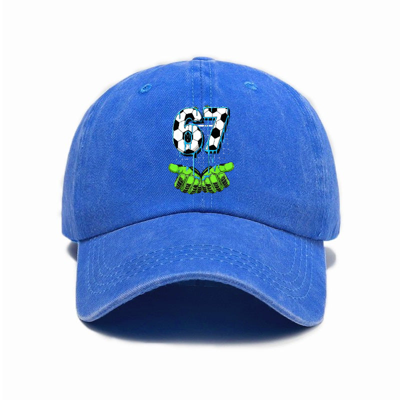 Fashionable Versatile Style 67 Number Print Washed Distressed Soft Top Sunshade Soft Top Baseball Cap Unisex Hat