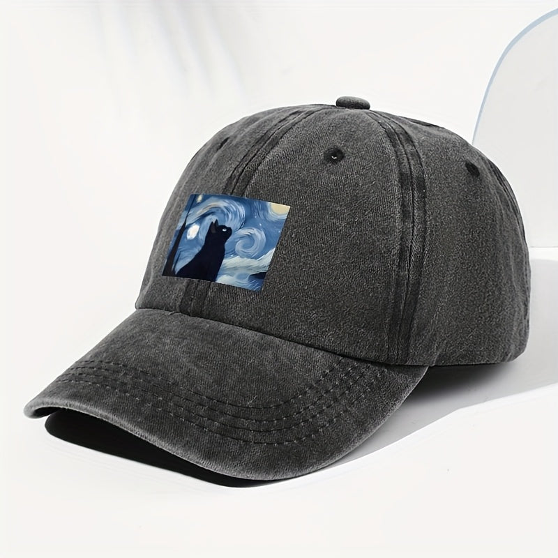 Unisex Cat Animal Print Washed Vintage Baseball Cap, Fashionable Sun Outdoor Hat for Men and Women, Adjustable Fit Trucker Hat Suitable for All Seasons and Daily Wear