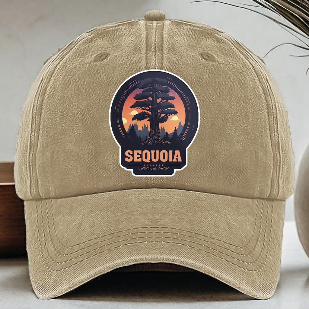 A Sequoia National Park-themed Baseball Cap with Fun Printed Patterns, Available in Multiple Colors and with Adjustable Size, Made of Washed Fabric