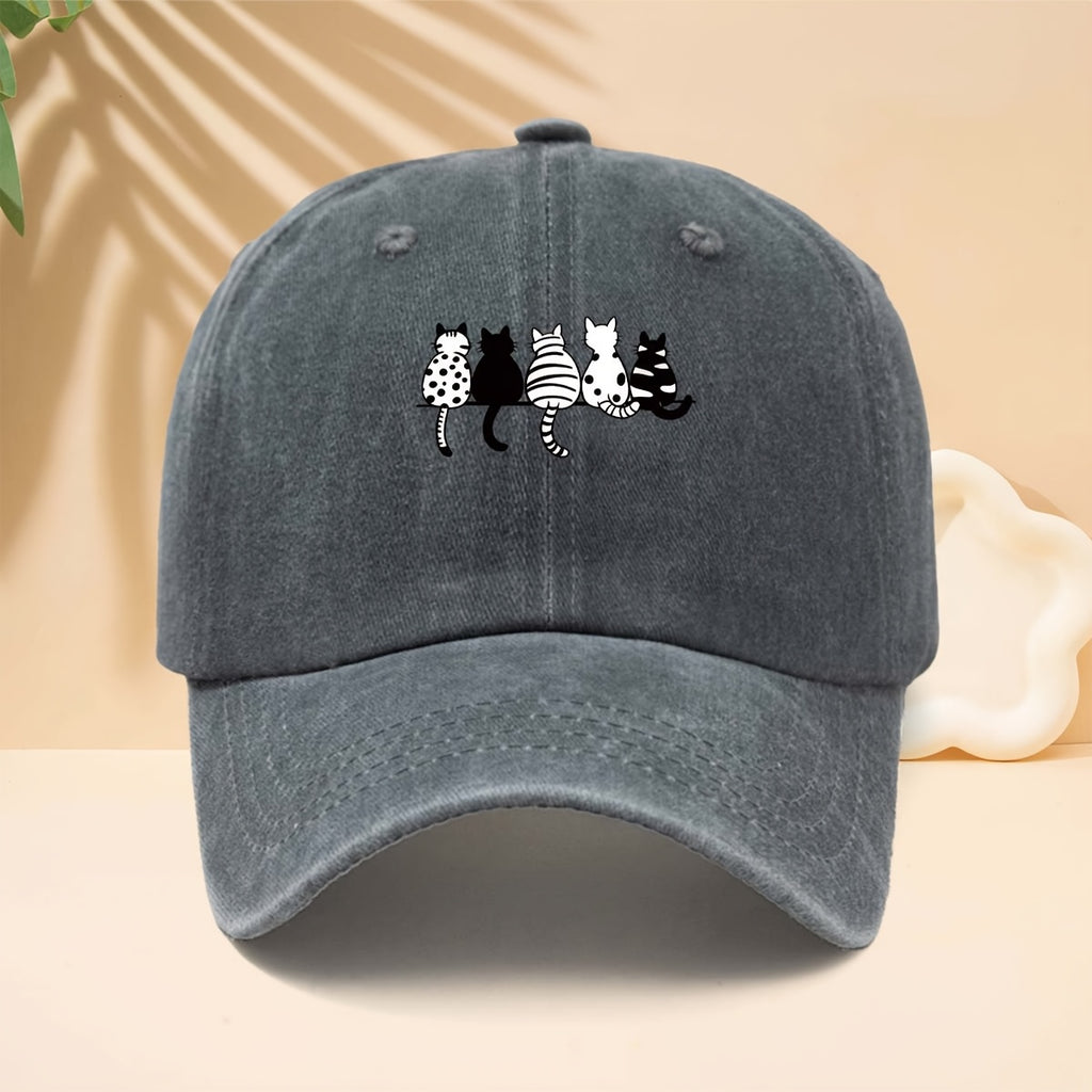 Baseball Cap with Black And White Cat Back Print, American Healing Soft Cute Cat Fun Casual Style Curved Brim Hat for Walking, Gatherings, Dates, Shopping, Vacation, Travel
