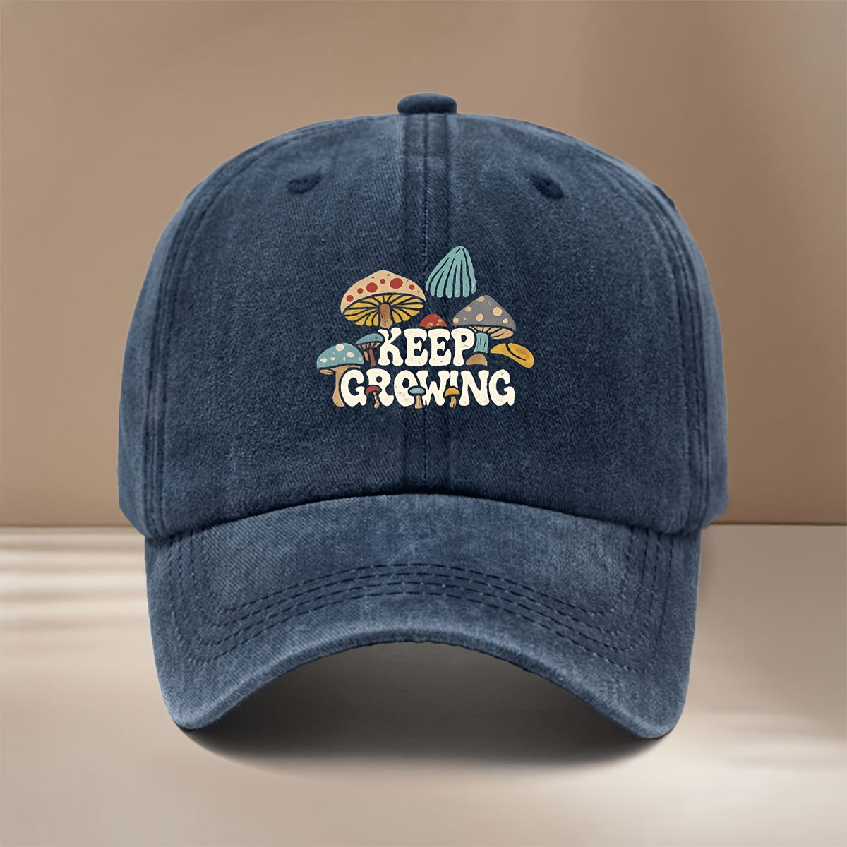 Baseball Cap with "KEEP GROWING" Text and Mushroom Pattern, Suitable for Vacations, Travel, Dinners, and Camping. Six-panel Design with Adjustable Size, Textured Hip-hop Style. Comfortable and Lightweight Curved-brim Cap, Unisex Snapback, Casual Hat