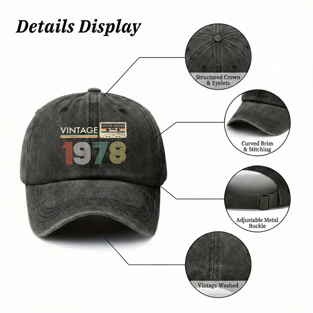 1978 Year Marked Fashion Vintage Washed Distressed Duckbill Cap Unisex Outdoor Baseball Cap Adjustable Washed Vintage Style Lightweight Breathable Golf Cap