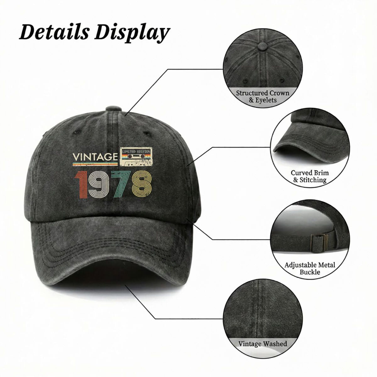 1978 Year Marked Fashion Vintage Washed Distressed Duckbill Cap Unisex Outdoor Baseball Cap Adjustable Washed Vintage Style Lightweight Breathable Golf Cap