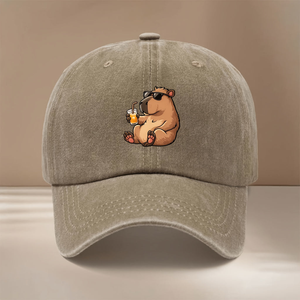 This Is a Baseball Cap with a "Drinking Guinea Pig" Graphic Print. It's Comfortable, Lightweight, and Adjustable in Size. A Six-panel Unisex Hat, This Simple and Trendy Snapback Is Perfect for Outdoor Sports, Picnics, Camping, and  Fashion