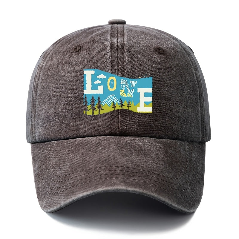 Unisex Fashion Versatile Printed LOVE Outdoor Baseball Cap, Classic Retro Washed Outdoor Lightweight Curved Brim Hat, Trucker Cap, Suitable for Outdoor Vacation Travel Camping And Other Casual Occasions, Holiday Party Hip-Hop Hat