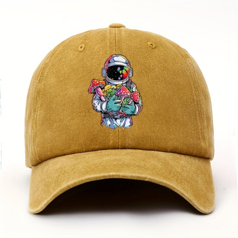 Vintage-style Astronaut Holding Various Mushroom Prints, Washed Baseball Cap, Fun Adjustable Hat