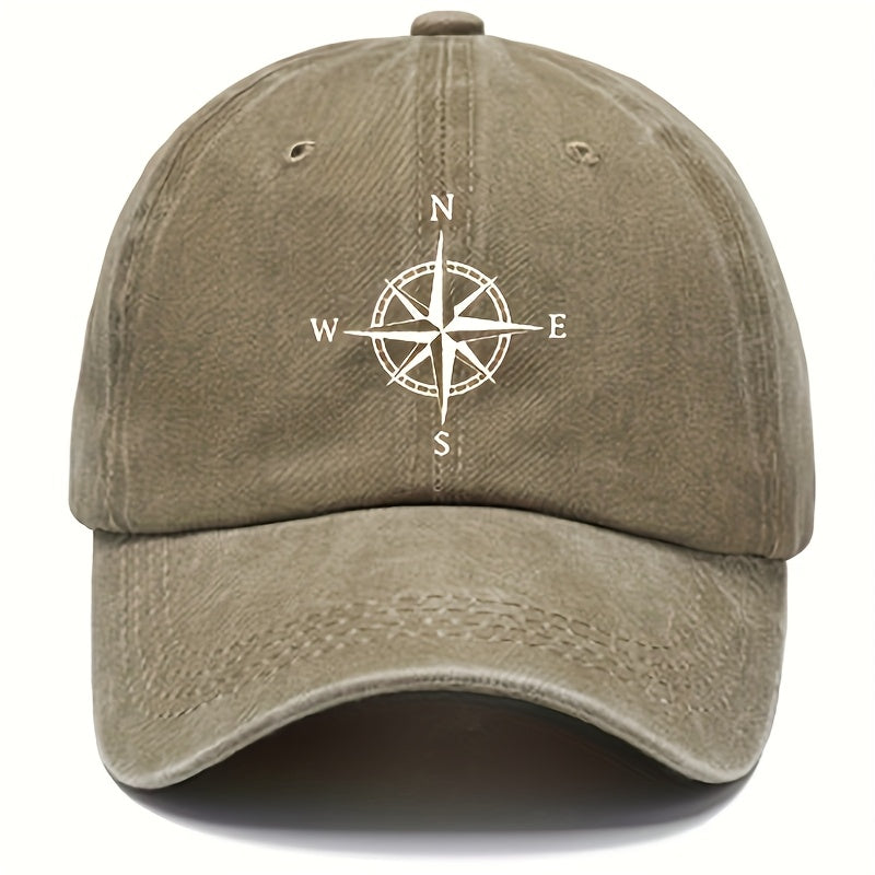 Vintage Washed Cotton Baseball Cap With Compass Print, Unisex Old Daddy Hat With Sun Protection, Adjustable Holiday Themed Casual Hat