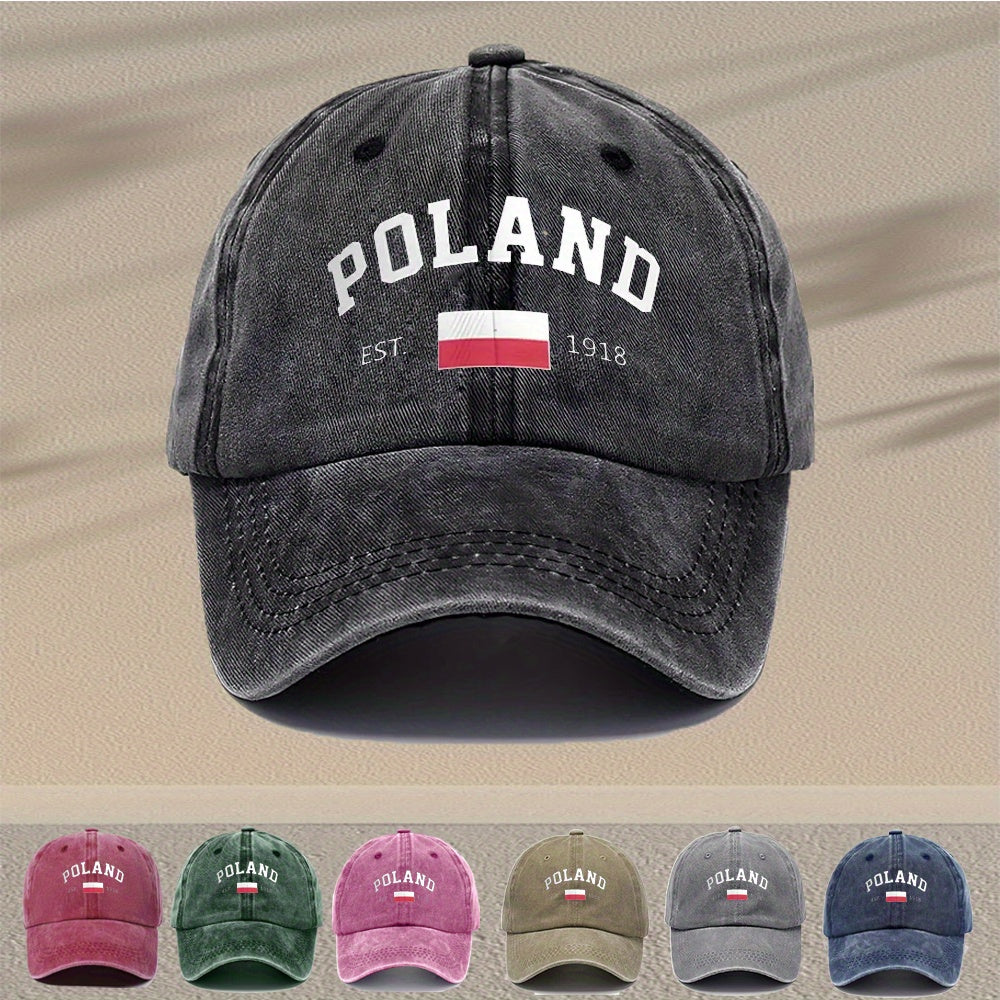 Unisex Vintage Washed Baseball Cap - Adjustable Breathable Trucker Hat with "Poland" Lettering Distressed Style, Lightweight Casual Dad Hat for Outdoor Activities, Black, Non-Stretch Fabric