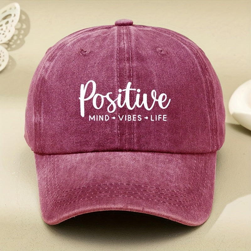 Unisex Duckbill Cap with a White Print Featuring Positive Vibes, Perfect for Outdoor Casual Wear. This Retro-Style Baseball Cap Has a Soft Top And a Curved Brim, Ideal for Women Looking for a Face- Accessory