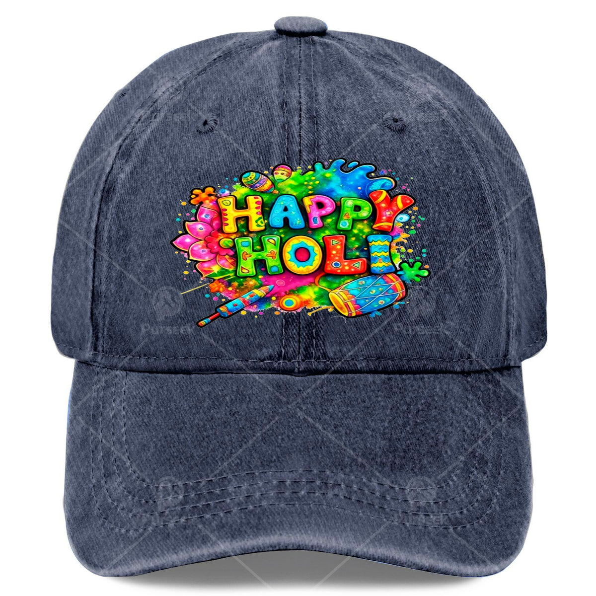 Indian Holi Festival Baseball - Retro Full-Body Print Hindu Cultural Hat Suitable for Christmas, 4th of, Events, Round Top with Bend Brim, Hand Washable for Holi & Casual Wear