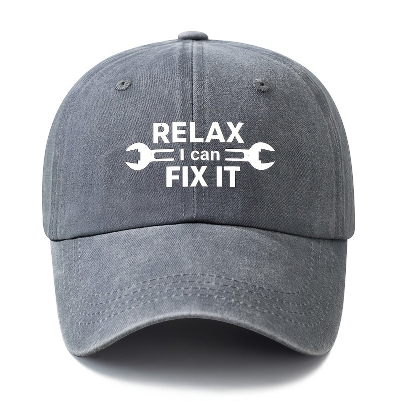A Unisex Fashionable and Versatile Printed RELAX FIX IT Baseball Cap, Featuring a Classic Vintage Washed Lightweight Curved Brim. This Trucker Baseball Cap Is Suitable for Casual Occasions Such as Outdoor Vacations, Travel, and Camping. It Also Works