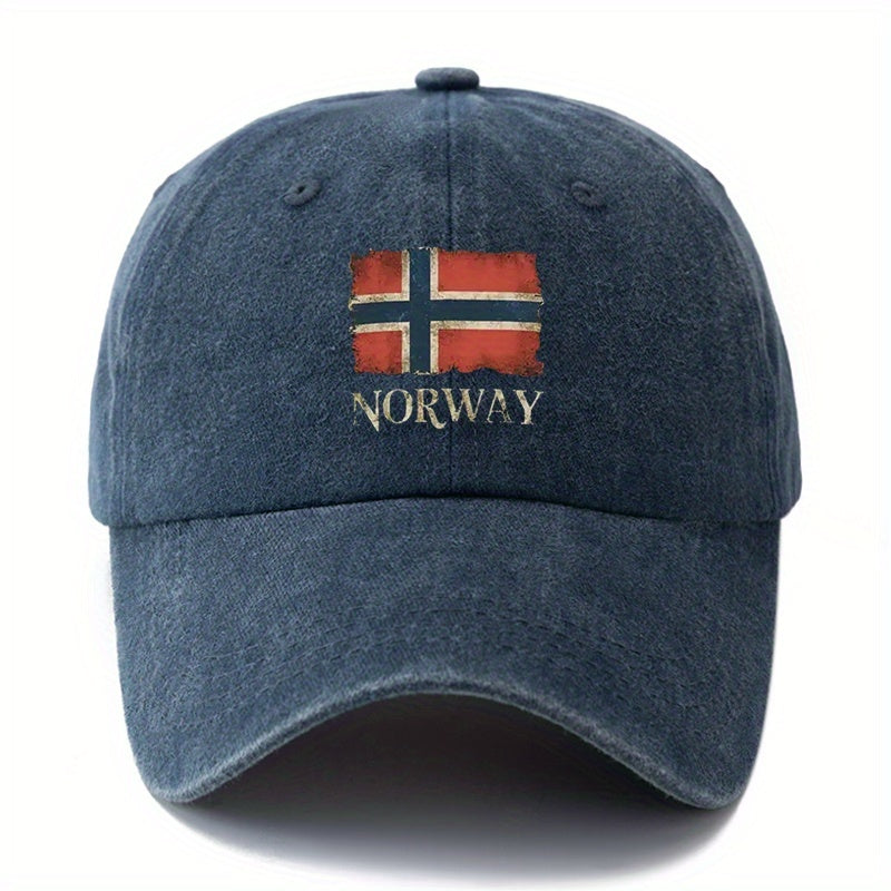 A Unisex, Fashionable and Versatile Baseball Cap with a Printed Norwegian Flag, a Classic Retro Washed Outdoor Lightweight Curved Brim Cap, Suitable for Outdoor Vacations, Travel, Camping, and Other Leisure Activities.
