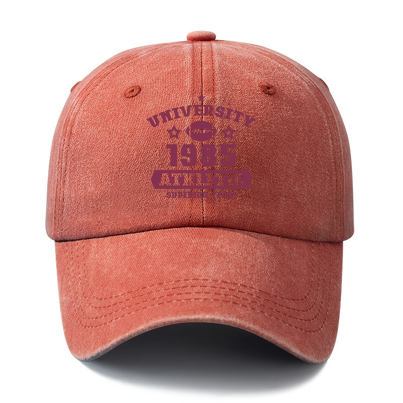 A Unisex Fashionable and Versatile Printed UNIVERSITY 1985 Baseball Cap, Featuring a Classic Vintage Washed Outdoor Lightweight Curved Brim. This Trucker Baseball Cap Is Suitable for Casual Occasions Such as Outdoor Vacations, Travel, and Camping