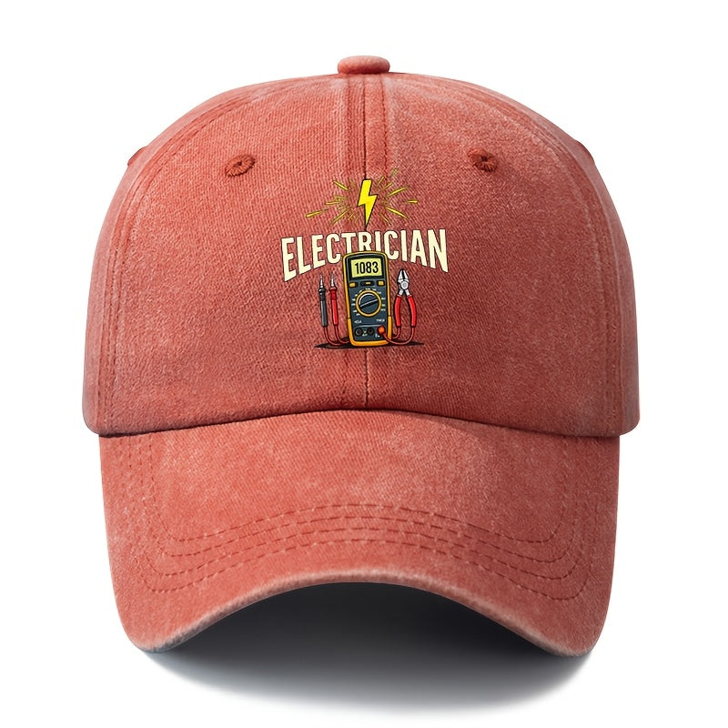 A Stylish And Versatile Unisex ELECTRICIAN Baseball Cap with a Printed Design, Featuring a Classic Retro Washed Look. This Lightweight Outdoor Cap Is Perfect for Truck Drivers And Suitable for Casual Occasions Like Outdoor Vacations, Camping