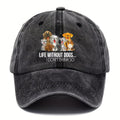 A Vintage Frayed Baseball Cap With Dog Print 100_ Cotton Adjustable Cap, Unisex Woven Fabric Dad Hat, "Life Without Dogs" Slogan