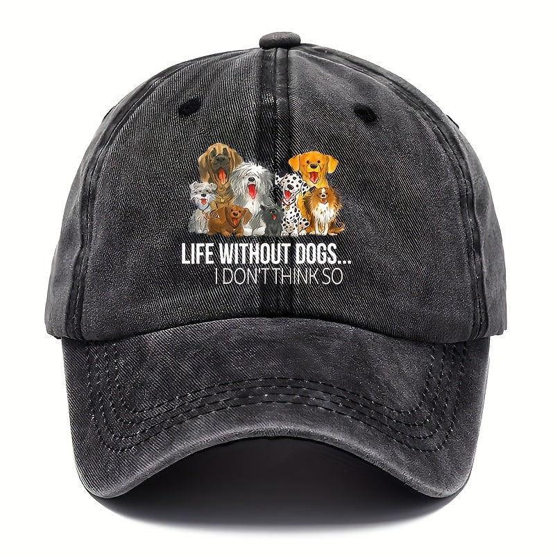 A Vintage Frayed Baseball Cap With Dog Print 100_ Cotton Adjustable Cap, Unisex Woven Fabric Dad Hat, "Life Without Dogs" Slogan