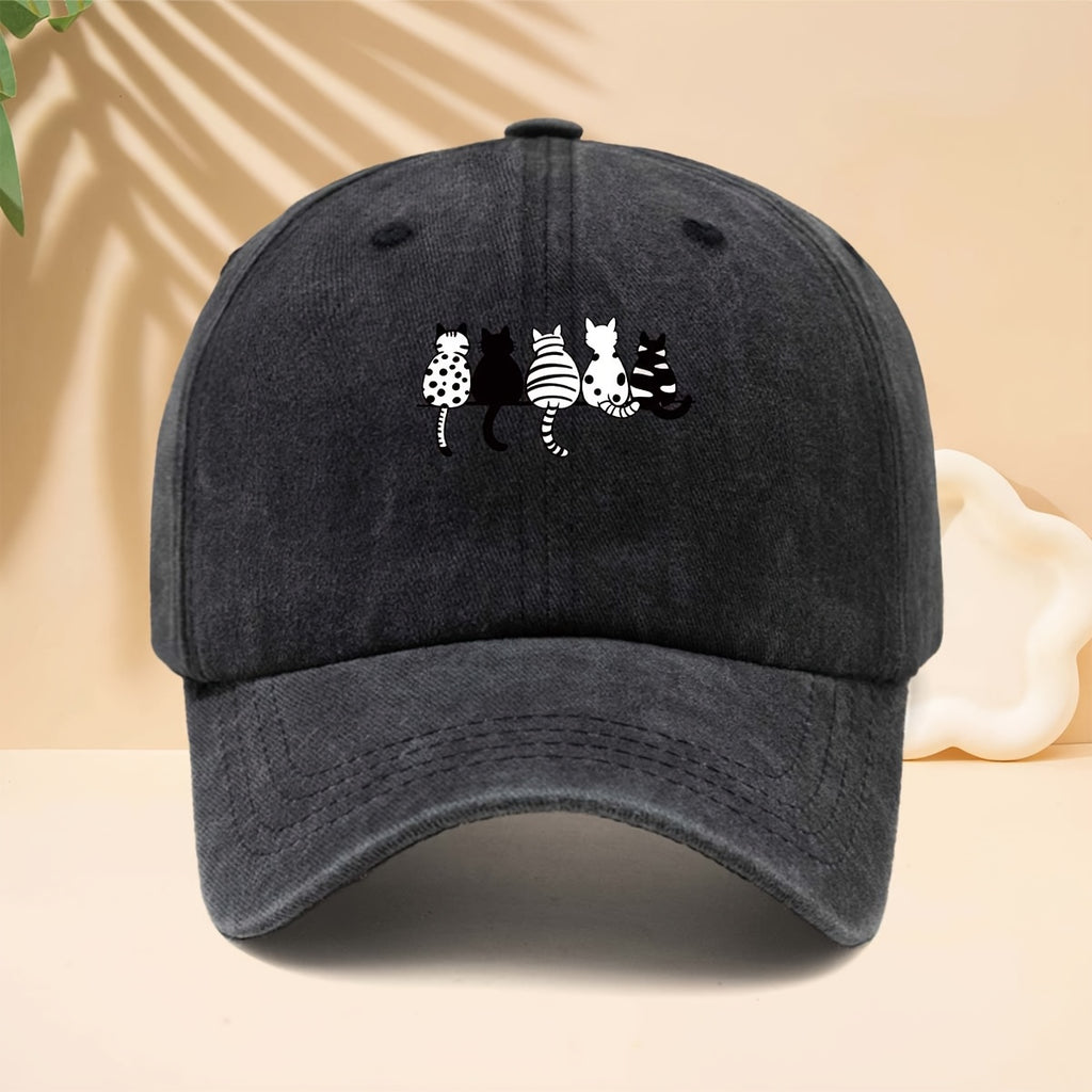 Baseball Cap with Black And White Cat Back Print, American Healing Soft Cute Cat Fun Casual Style Curved Brim Hat for Walking, Gatherings, Dates, Shopping, Vacation, Travel