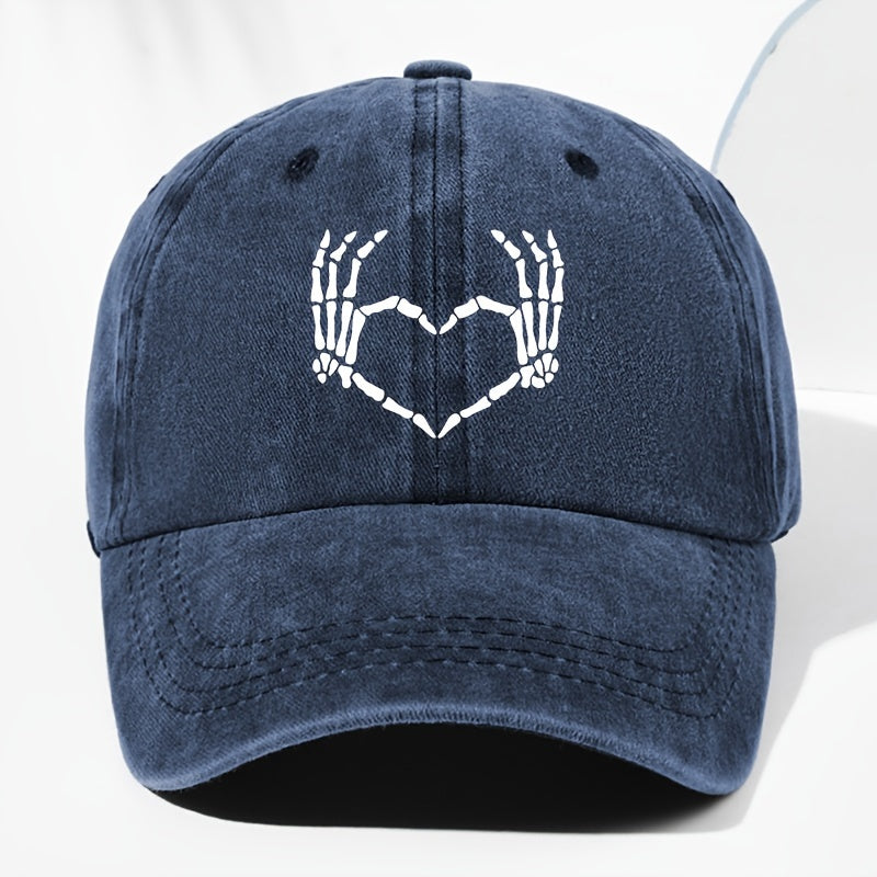 Men' & Women' Vintage Washed Baseball Cap with Heart & Skull Print - Adjustable Trucker Hat Suitable for All Seasons, Outdoor, Casual Wear, Retro Washed Style, Unisex for Daily Use, Driving,, and Everyday Fashion