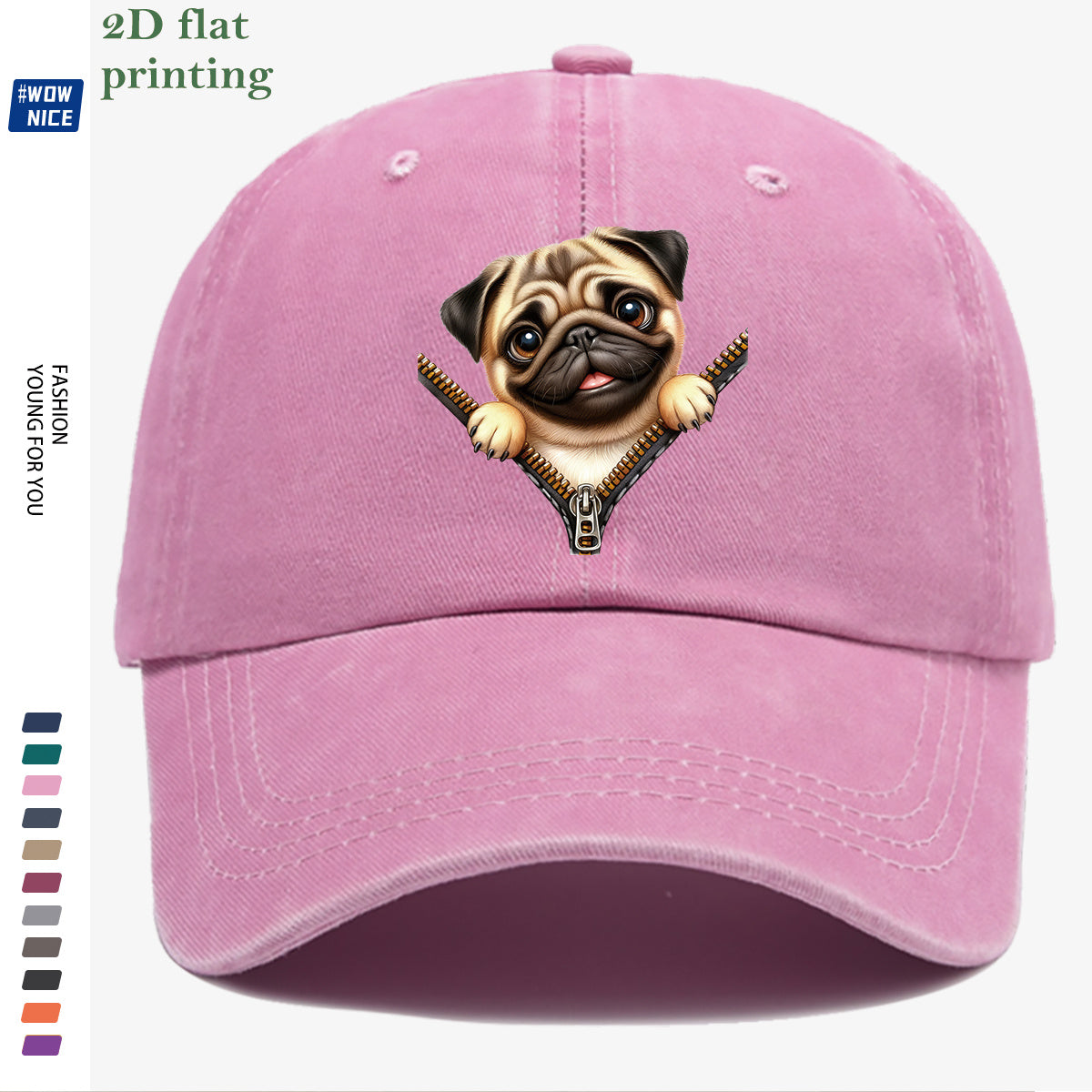 1pc Pug Zipper Print Baseball Cap, Cute Animal Pattern Headwear, Fashionable and Versatile Hat Accessory, Unisex Street Style Hat with Adjustable Size, Slimming and Face-Shaping, Suitable for Daily Outings, Parties, Dates, Shopping, Outings
