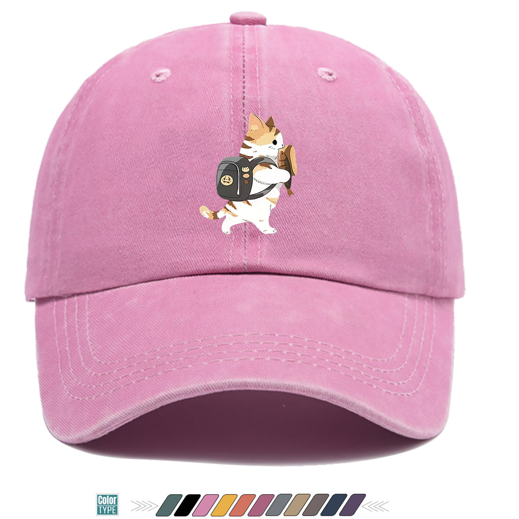 1pc Cartoon Orange White Cat Back Bag Fish Dry Print Baseball Cap Cute Fun Sun Hat Fashion Casual All-Match Unisex Baseball Cap Adjustable Size Daily Hat Commute Street Style Suitable for Daily Outing Shopping Dating Walking Weekend Gatherings Comfo