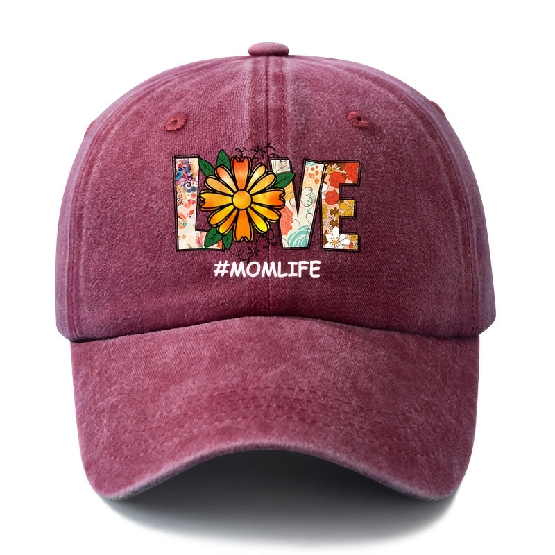 Unisex Fashion Versatile Floral Daisy LOVE Printed Baseball Cap, Classic Vintage Washed Outdoor Lightweight Curved Cap, Trucker Hat, Suitable for Outdoor Vacation Travel Camping And Casual Occasions, Holiday Party Hip-Hop Hat