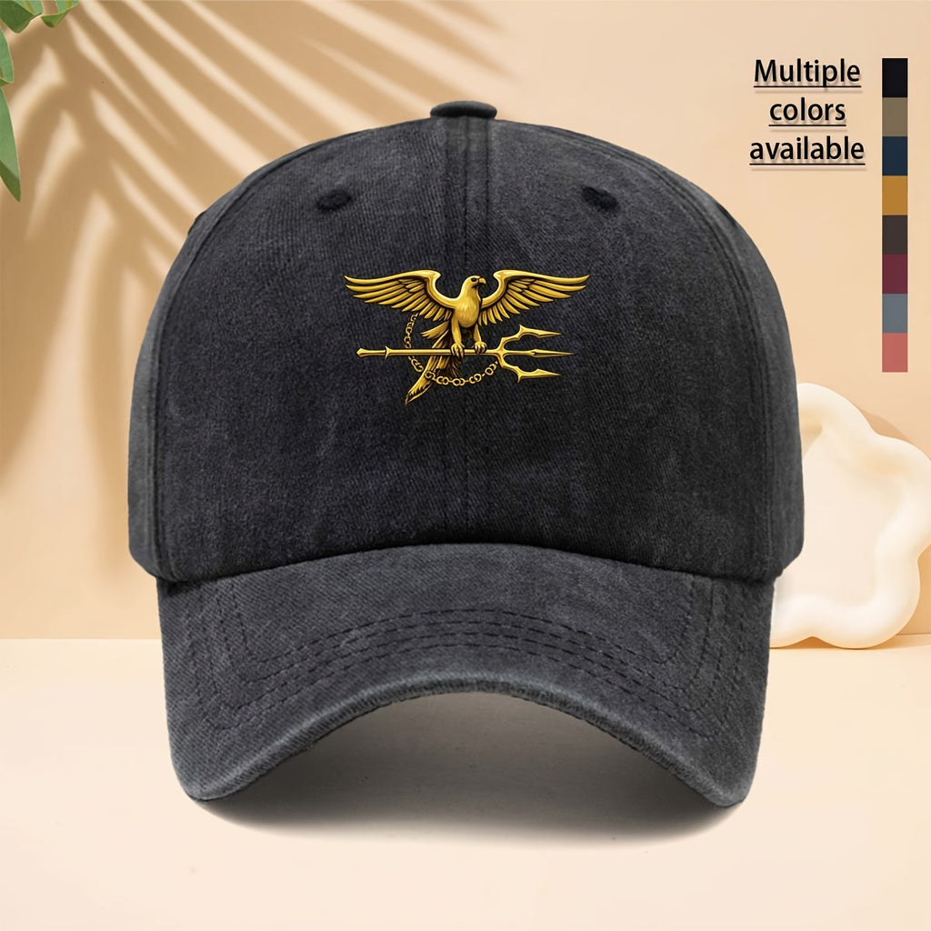 Baseball Cap with Golden Eagle Grasping Trident Pattern, American Retro Mythological Street Style Adjustable Unisex Casual Hat, All-Season Versatile Bent Brim Cap for Walking, Parties, Shopping, Dates, And Parties
