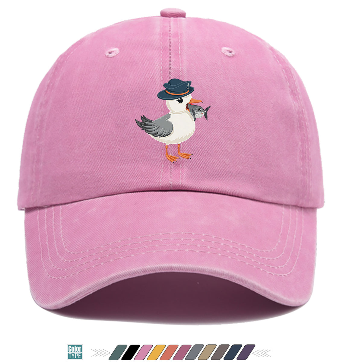 1pc Cartoon Seagull Wearing a Navy Hat with an Anchor Pattern, Holding a Fish in Its Mouth, with a Colorful Geometric Striped Background. Fun Animal Print Baseball Cap, Comfortable And Breathable Sun Hat, Stylish, Individual, And Beautiful