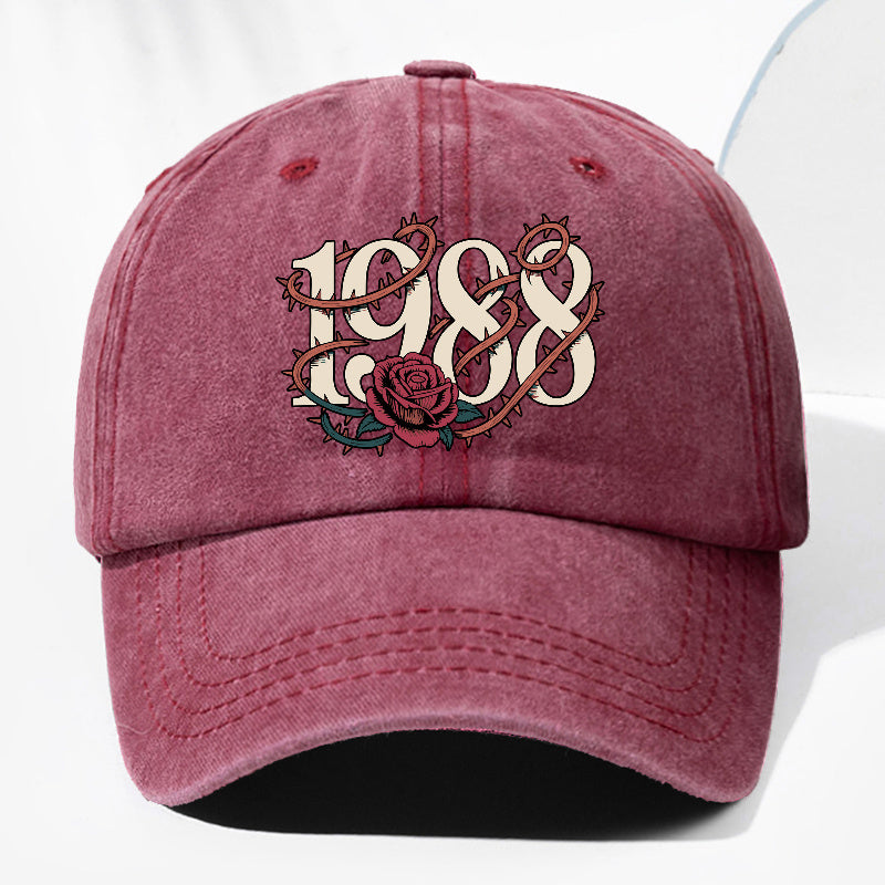 Unisex Thorn Flower 1988 Print Washed Vintage Baseball Cap, Fashionable Sun Outdoor Hat for Men and Women, Adjustable Trucker Hat Suitable for All Seasons and Daily Wear