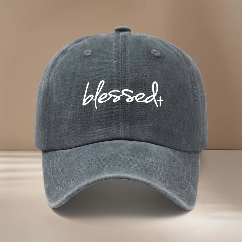 Blessed+ Text Pattern Baseball Cap, Relaxed Fit with Curved Brim for a Slimming Effect, Unisex Hip-Hop Style Curved Brim Hat, Lightweight and Comfortable Duckbill Cap for Vacations, Travel, Dinners, and Camping, Adjustable Size, Simple and  Six-Panel