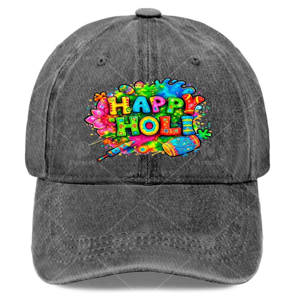 Indian Holi Festival Baseball - Retro Full-Body Print Hindu Cultural Hat Suitable for Christmas, 4th of, Events, Round Top with Bend Brim, Hand Washable for Holi & Casual Wear