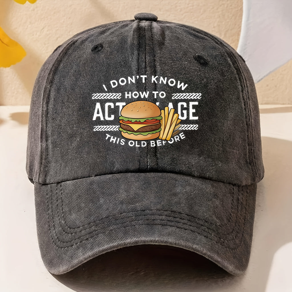 Funny Burger & Fries Graphic Dad Hat - Retro Vintage Baseball Cap with Burger & Fries Print, Machine Washable Adjustable Cap Suitable for Men & Women, Birthday Party Outfits, Casual Streetwear Novelty Gift