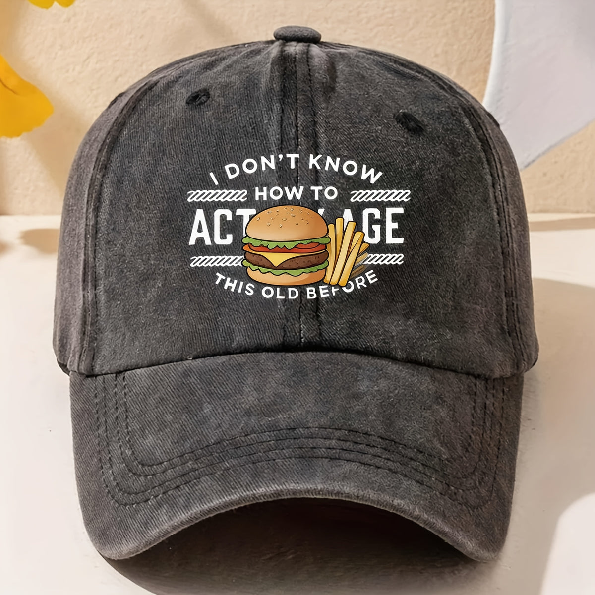 Funny Burger & Fries Graphic Dad Hat - Retro Vintage Baseball Cap with Burger & Fries Print, Machine Washable Adjustable Cap Suitable for Men & Women, Birthday Party Outfits, Casual Streetwear Novelty Gift