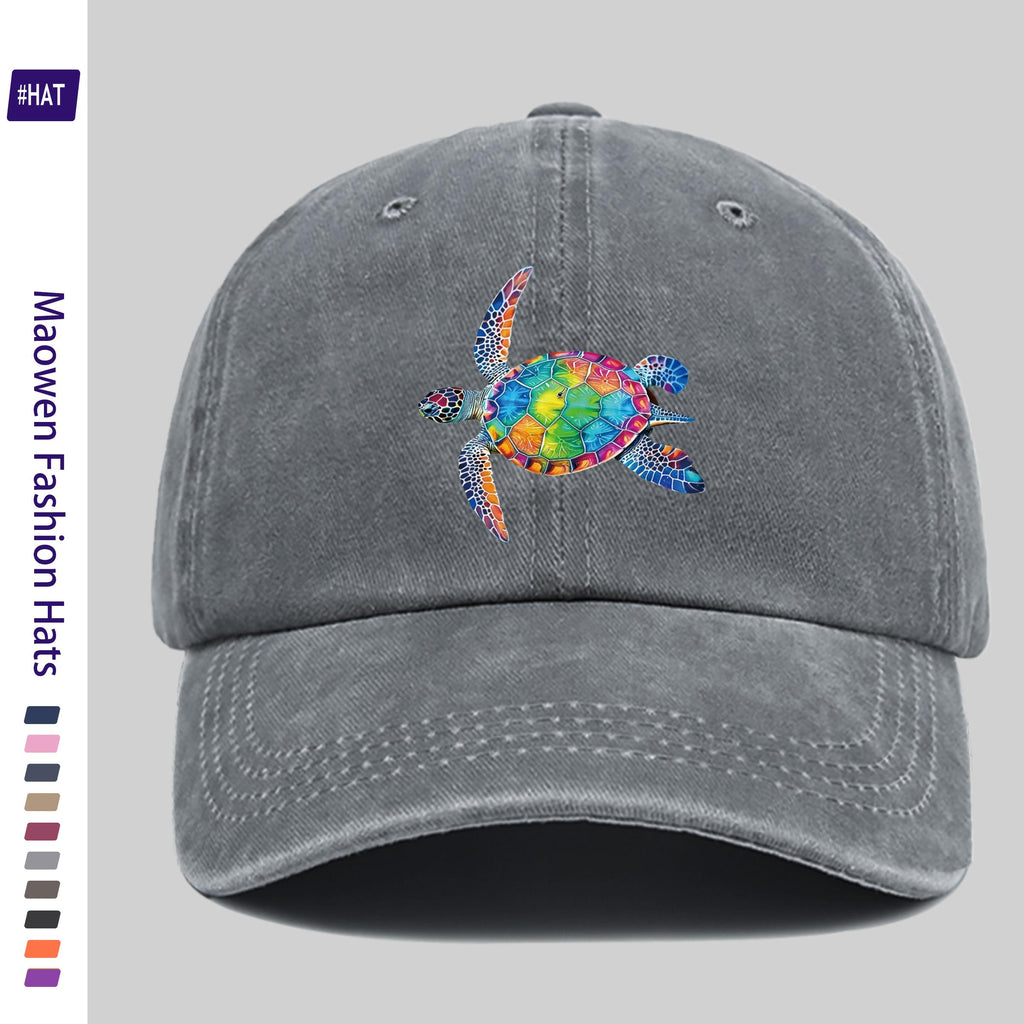 Washed Baseball Cap with Colorful Turtle Pattern Heat Transfer Design, New Vintage Style Cap for Autumn And Winter, Unisex, Adjustable, Lightweight Outdoor Cap, Suitable for All Seasons, Ideal for Travel And Leisure, Suitable for Sports