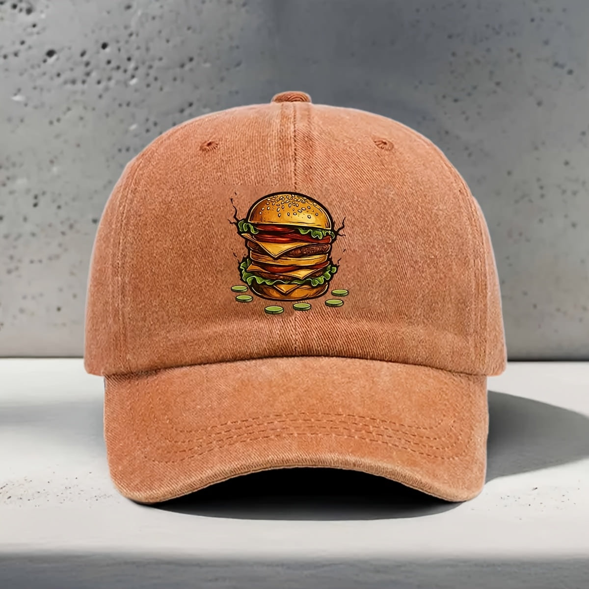 Men's & Women's Baseball Cap with Burger Print - Adjustable Snapback Curved Brim Hat, Washed Suitable for Daily Outings, Casual Wear,, Hip-Hop Style - Unisex Washed Cap for All Head Sizes, Comfortable for Hamburger