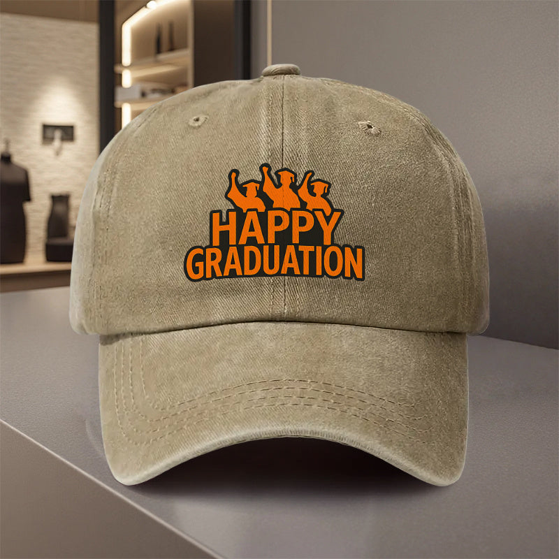 A Versatile Baseball Cap Featuring a 'Happy Graduation' Design, Made from Lightweight Polyester with Printed Craftsmanship. It'S Perfect for Outdoor Sports And Camping Enthusiasts, Trendy for Couples, Suitable As a Golf Cap, Trucker Hat