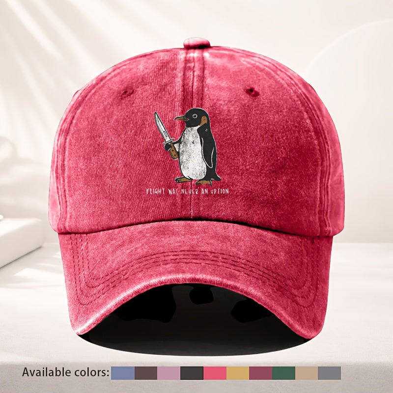 Unisex Baseball Cap, Vintage Cute Penguin Fun Print Baseball Cap, Adjustable for Men And Women, Quirky Street Style with Distressed Look, Top Choice for Personalized Outfits, Washed-Out Effect, Everyday Casual Hat