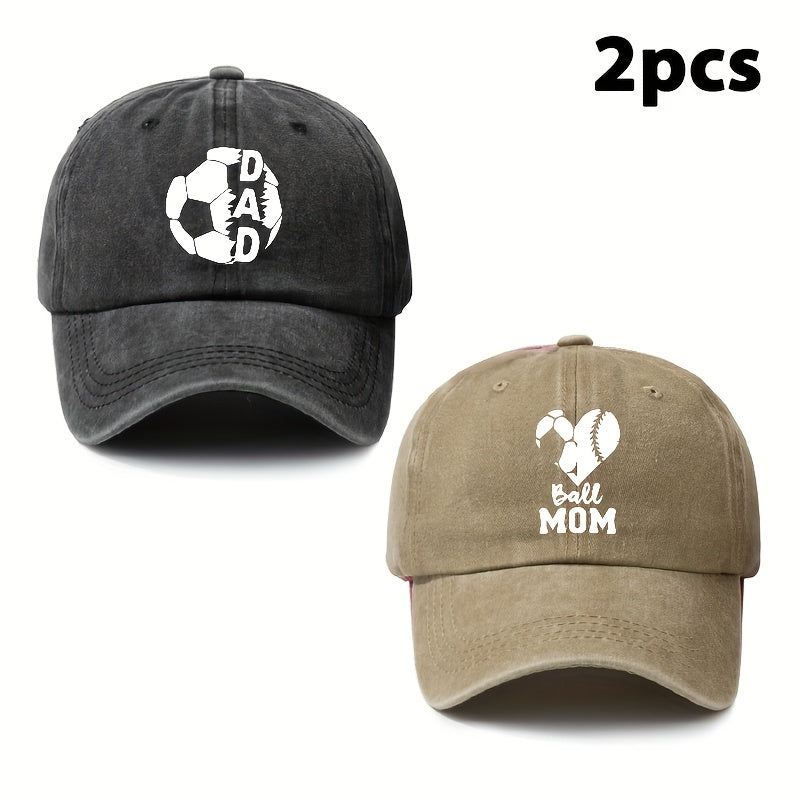 Parents' 2pcs Printed Football Heart-shaped Letter Vintage Soft-top Baseball Cap, Adjustable Style, Suitable for Daily Wear in All Seasons, an Essential Fashion Hat for Outdoor Sports, Fishing, and Camping
