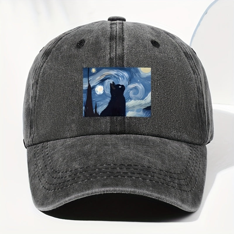 Unisex Cat Animal Print Washed Vintage Baseball Cap, Fashionable Sun Outdoor Hat for Men and Women, Adjustable Fit Trucker Hat Suitable for All Seasons and Daily Wear