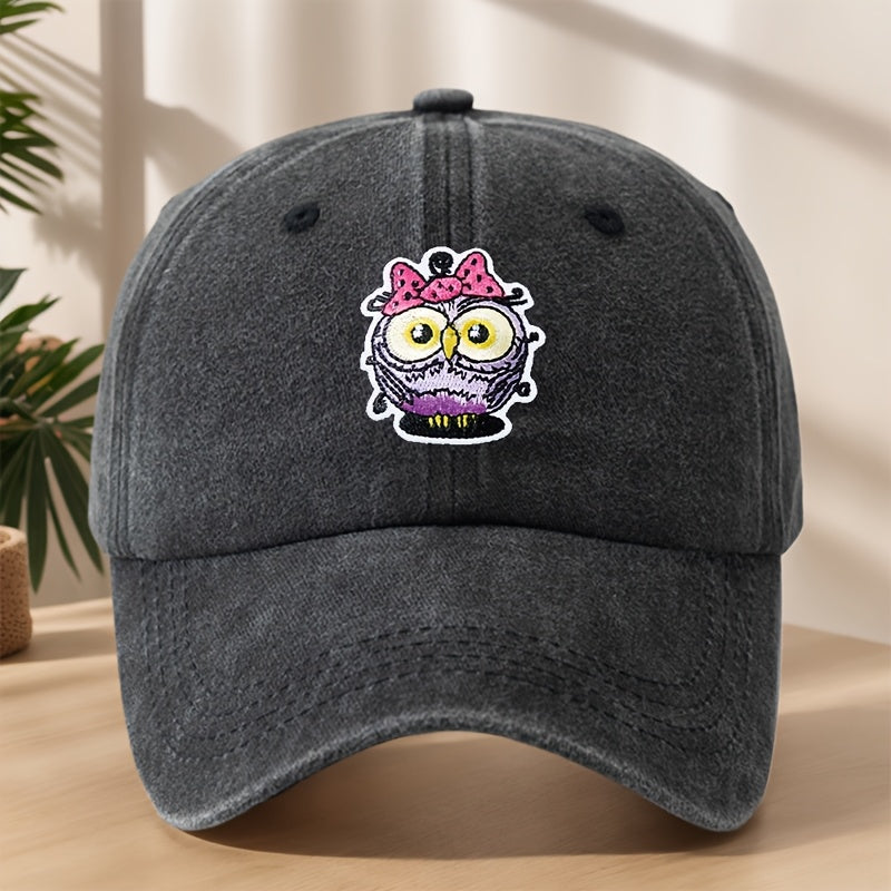Vintage Washed Duckbill Baseball Cap with Owl Patch - Distressed Soft Breathable Sweat-Absorbent Suitable for Outdoor,, Camping, Fishing, Streetwear Hat, Washed Retro for Climbing and Casual Wear