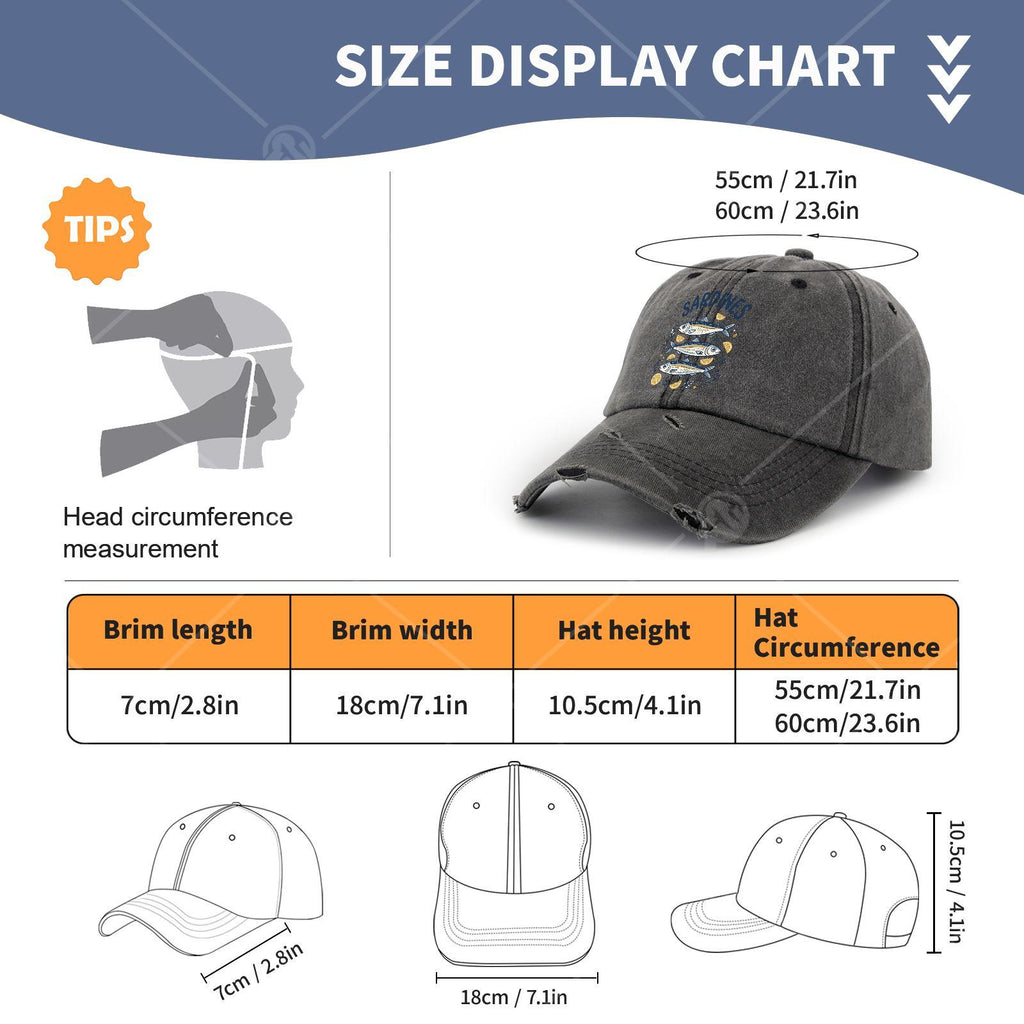 Men's Sardine-Themed Trucker Hat - Distressed Wash Baseball Cap with Sardine Print, Elastic Strap & Machine Washable Suitable for Casual Wear, Fishing Trips, Outdoor Activities, Nautical Cap for Sardine Lovers