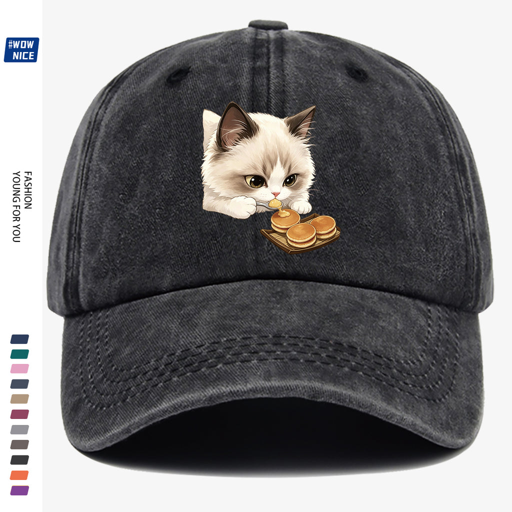 1pc 1pcs Cat Eating Muffin Baseball Cap with Kitten Print - Adjustable Unisex Hat Suitable for Men & Women, Cute, Streetwear, Café Outfits, Daily Wear, Fashionable Cap for Bestie Gatherings & Weekend Outings