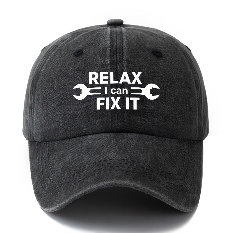 A Unisex Fashionable and Versatile Printed RELAX FIX IT Baseball Cap, Featuring a Classic Vintage Washed Lightweight Curved Brim. This Trucker Baseball Cap Is Suitable for Casual Occasions Such as Outdoor Vacations, Travel, and Camping. It Also Works